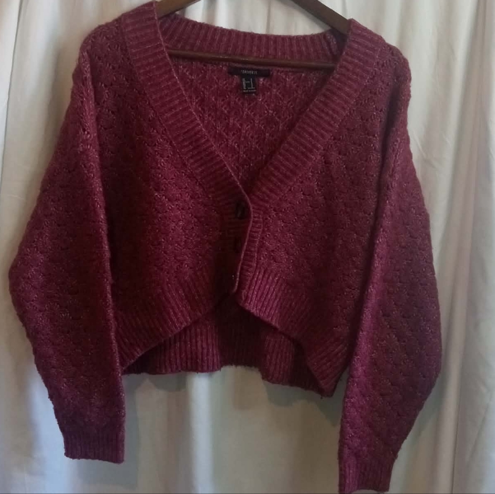 Forever 21 Small Wine Knit Cropped V-Neck Cardigan Buttons Retro Vintage 70s 90s